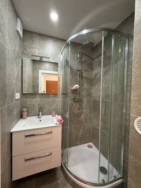 Bathroom with a corner shower and a sink in a 3-room apartment.