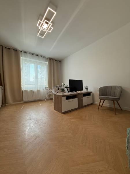 Living room in a 3-room apartment with a TV, an armchair, and a dining table. Simple furnishings.