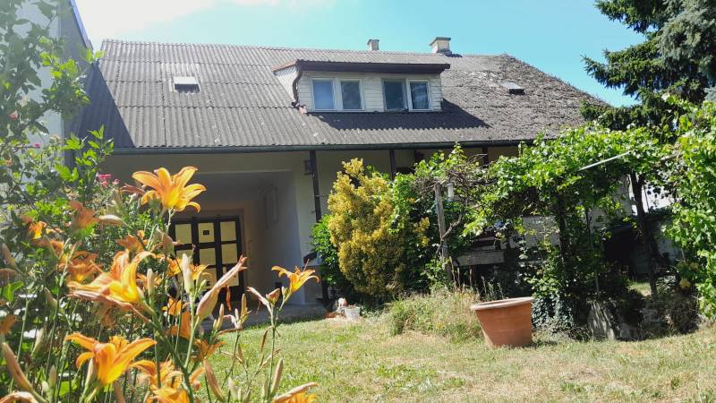 A family house in Potzneusiedl with a flower garden, vineyard, and traditional sloped roof design.