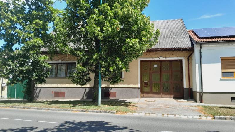 A family house in Potzneusiedl with a large gate and a deciduous tree in front of it.