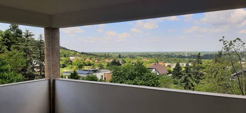 A view from the villa in Hainburg an der Donau, surrounded by nature and rooftops of houses.