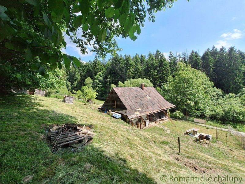 A cabin in Zákopčie surrounded by forests, with wooden structures and a fire pit on a grassy meadow.