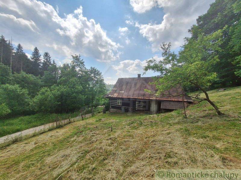 A log cabin in Zákopčie surrounded by a meadow and forest, under a blue sky with clouds.