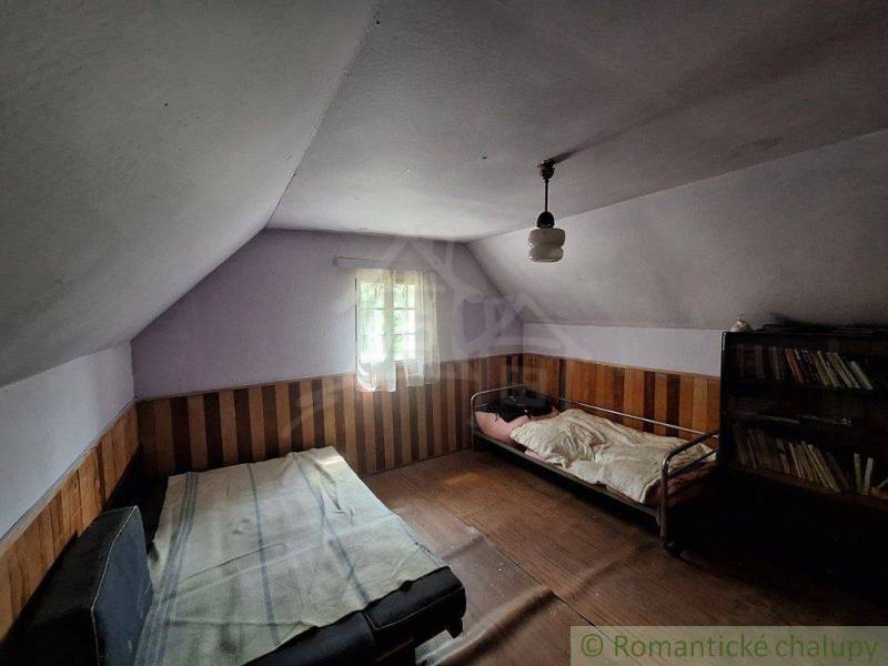 A room in a cabin with beds and a shelf full of books, wooden wall paneling.