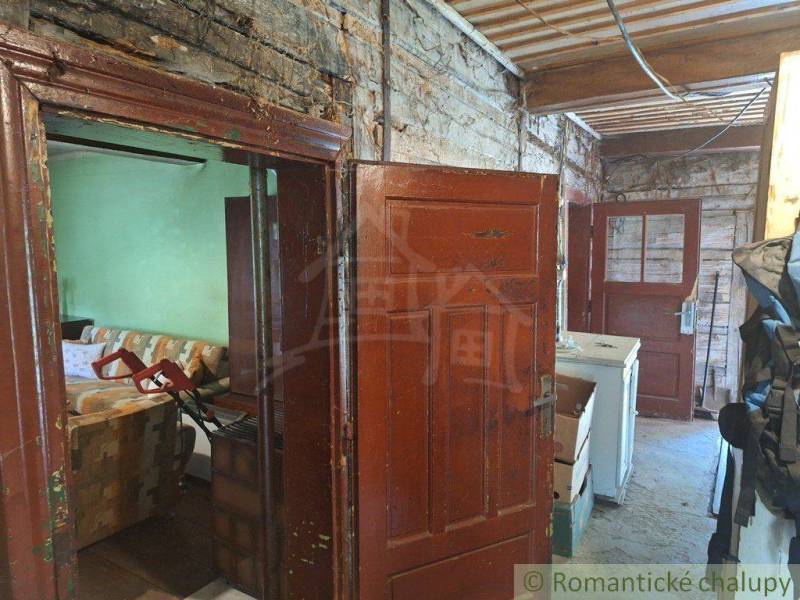 A cabin with wooden walls, view of a room with a sofa and a kitchen.