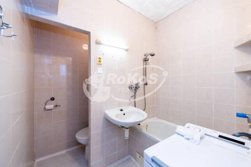 Bathroom in a 2-room apartment with a shower, sink, and toilet.