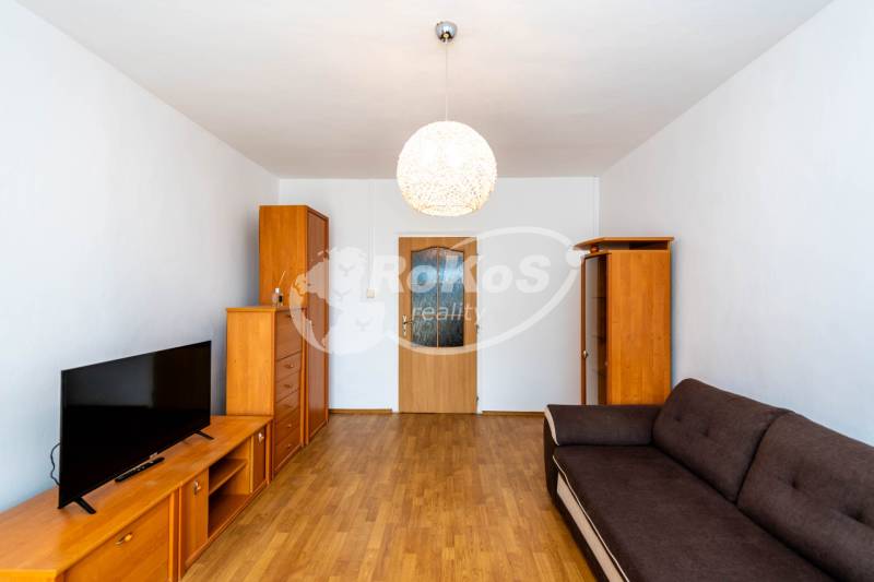 Living room in a two-room apartment with wooden furniture and a sofa.