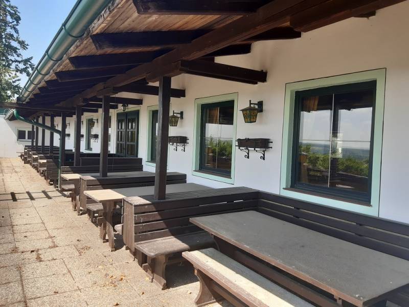 Wooden benches and tables in front of the building with a view, ideal Gastro spaces on Hornerstraße street.