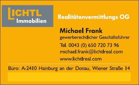 Real estate agency business card with contact in Hainburg, near the Commercial Land area.