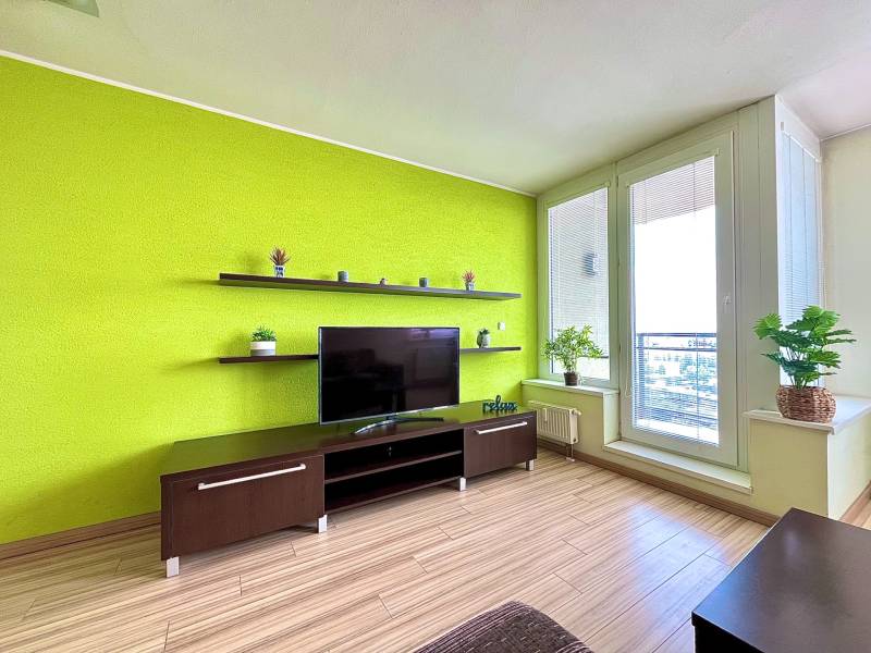 Living room of a two-room apartment with a colored wall and a television on a wooden cabinet.