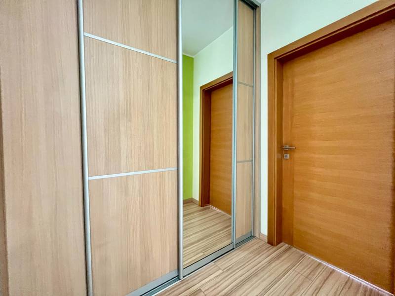 Wooden door and built-in wardrobe with mirror in a 2-room apartment.