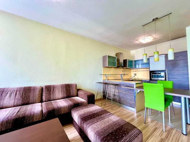 Living room with a kitchenette in a 2-room apartment, green chairs, sofa.