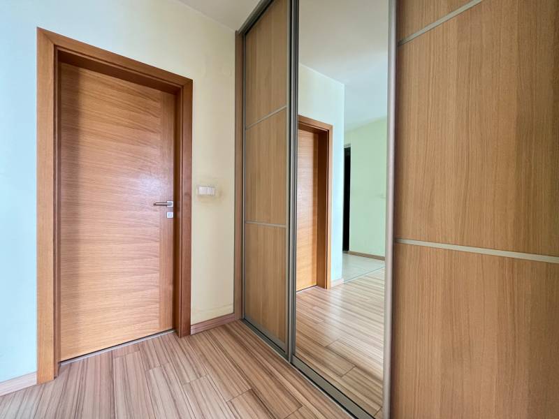 Entrance hall with wooden doors and a built-in wardrobe in a 2-room apartment.