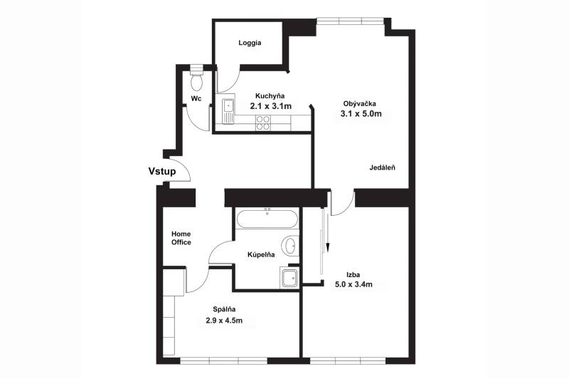 The floor plan shows the layout of a 3-room apartment with a kitchen, bathroom, and loggia.