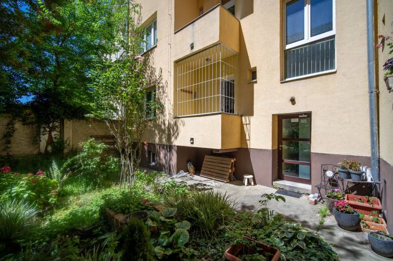 Garden by the house, greenery and flower pots around, terrace.