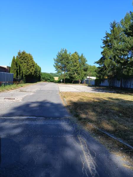 An asphalt road surrounded by trees and greenery in Prievidza, suitable for residential plots.