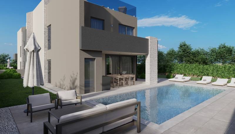 Villa in Poreč with a pool, garden, and seating area on the terrace.