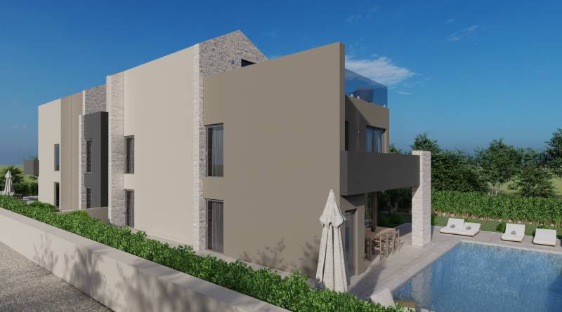 Villa in Poreč with a pool, terrace, and greenery in a landscaped garden.