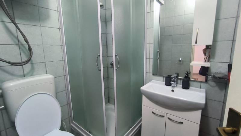 Bathroom with toilet, shower, and sink in a family house.