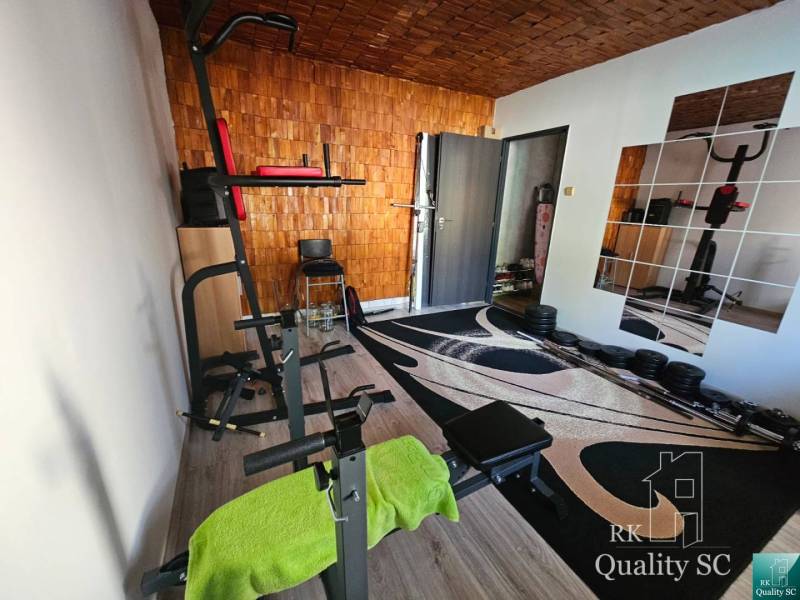 A gym in a family house with equipment, mirrors, and dumbbells on the carpet.