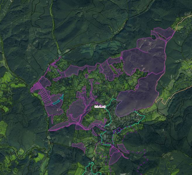 Satellite map of agricultural and forest lands around Čavoj with color coding.