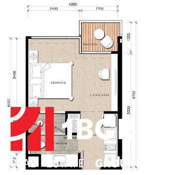 Floor plan of a 1-bedroom apartment with a balcony and a living room.