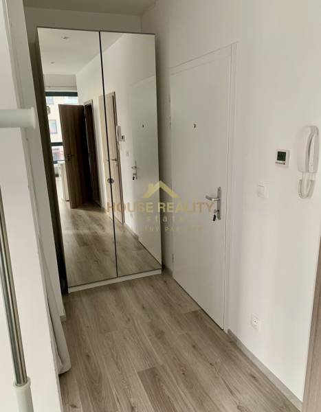 A hallway in a 2-room apartment with white doors, a large mirror, and light flooring.