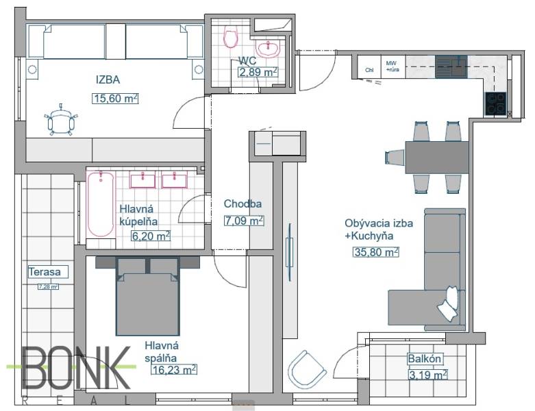Floor plan of a 3-room apartment with a terrace and balcony, ideal for modern living.