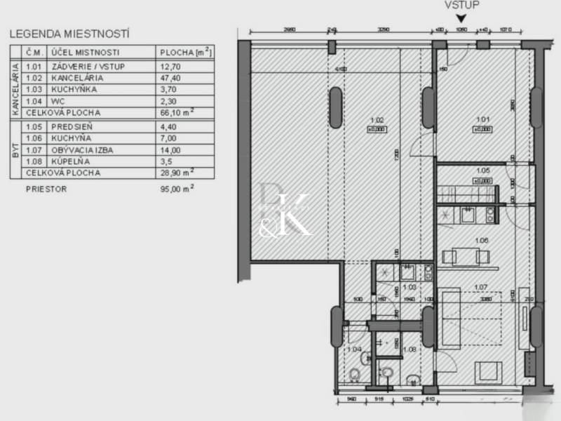 Floor plan of commercial premises with an office, kitchen, and residential spaces, total area 95 m².