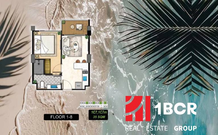 A layout sketch of a 2-room apartment with a view of the wind-swept coast.