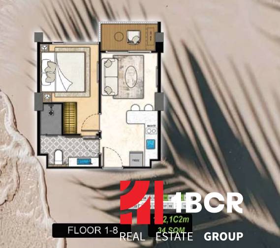 Floor plan of a 2-room apartment with a living room, bedroom, and bathroom.