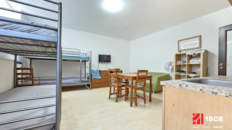 Interior of a 1-room apartment with a bunk bed, table, green sofa, and television.
