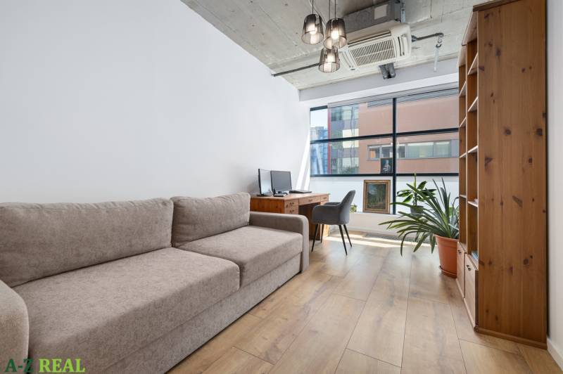 Living room in a 4-room apartment with a sofa, a desk, a plant, and large windows.