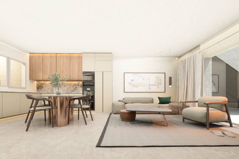Living area in a 4-room apartment with a kitchenette and dining table.