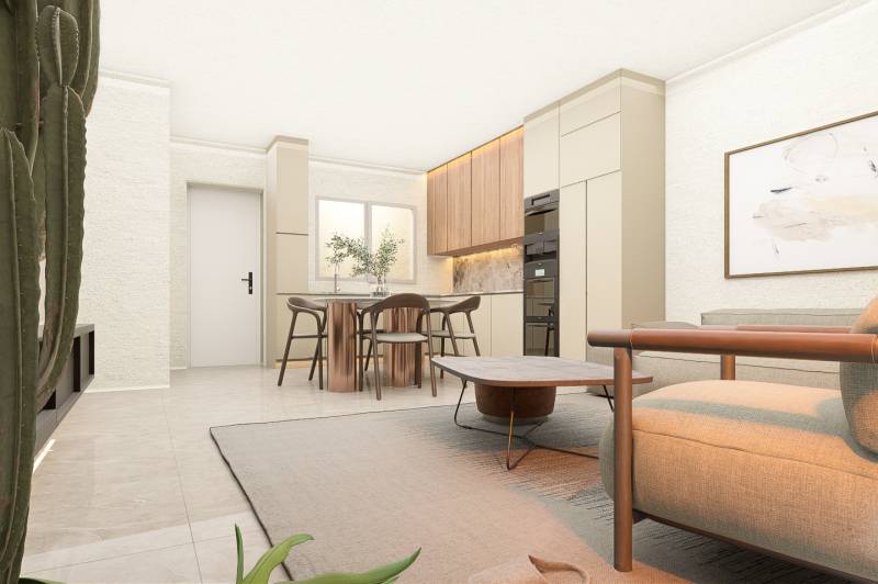 Living room in a 4-room apartment with a kitchenette, wooden table, and comfortable sofa.