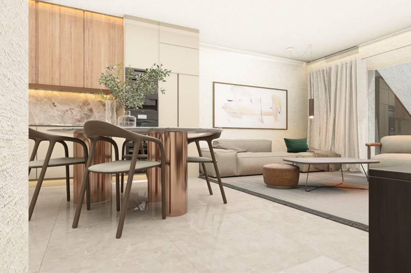 Living room in a 4-room apartment with comfortable furniture, a wooden table, and modern decoration.
