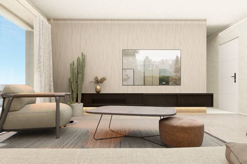 Living room in a 4-room apartment with modern furniture, a plant, and a large picture frame.