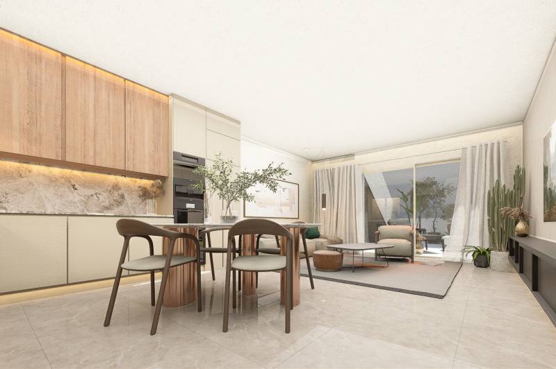 Open concept with dining and seating in a 4-room apartment, light shades.