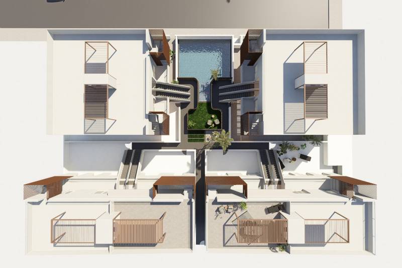 Floor plan of a 4-bedroom apartment with an indoor garden and pool in Pilar de la Horadada.