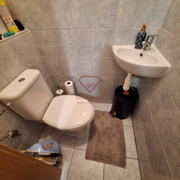 Bathroom with a toilet and a sink in a 3-room apartment, tiles and a shelf for toiletries.