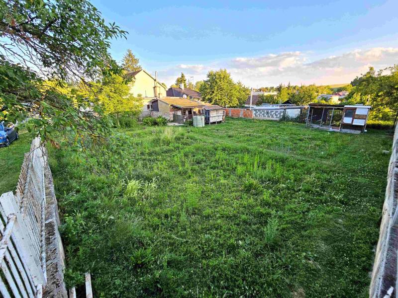 A plot of land by a family house in Kuzmice with trees and a lawn, fenced with a rustic fence.