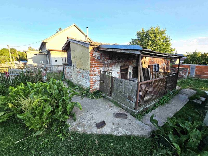 A garden with a small shelter by a family house in Kuzmice with green vegetation.