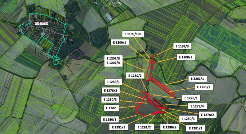 Map of agricultural and forest land around Jurová with marked parcels.