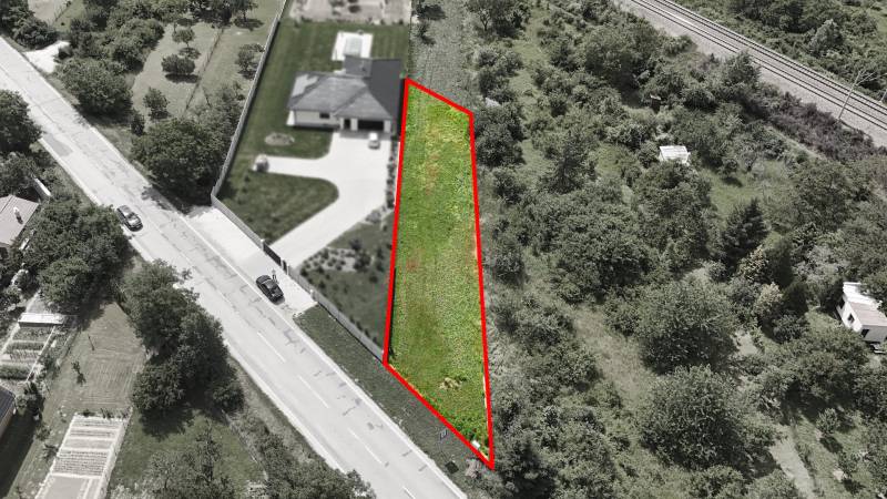 Aerial view of a residential plot in Nové Mesto nad Váhom, with nearby roads.