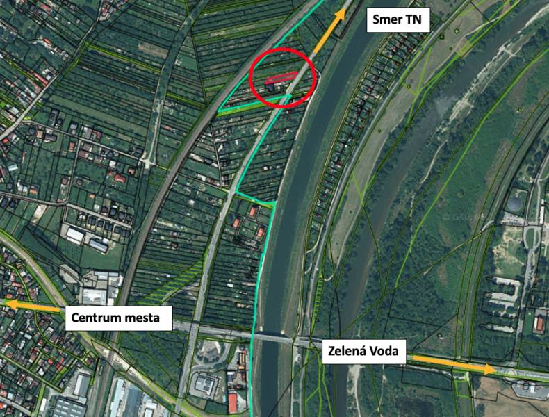 Aerial map of residential plots near the river in Nové Mesto nad Váhom.