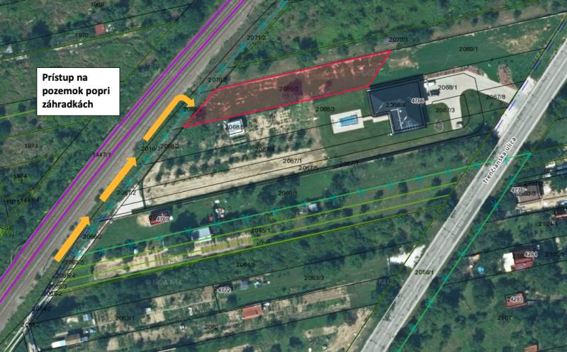 A residential plot in Nové Mesto nad Váhom near Trenčianska Street with access alongside the gardens.