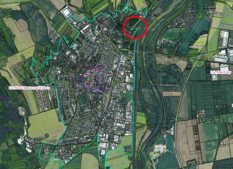 Aerial map of Nové Mesto nad Váhom, showing the boundaries of cadastral areas and surrounding lands.