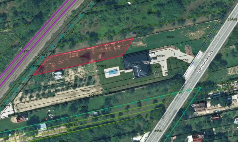 Land - housing in Nové Mesto nad Váhom near Trenčianska Street with marked parcels.