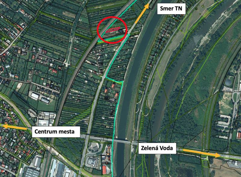 Aerial map with residential plots in Nové Mesto nad Váhom by the river.
