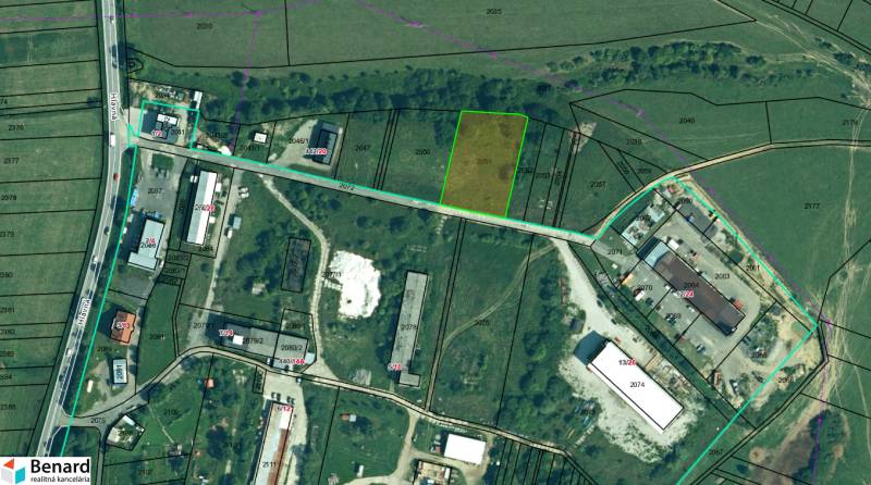 Aerial view of commercial land in Ľubotín, showing infrastructure and parcel boundaries.